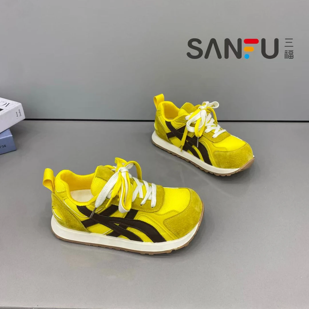 三福厚底阿甘鞋女2025夏新款薄款网面透气百搭增高休闲小白德训鞋