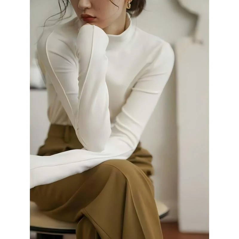 门店39&9！王簰打底衫」德绒半高领长袖T恤衫内搭上衣女 D00041