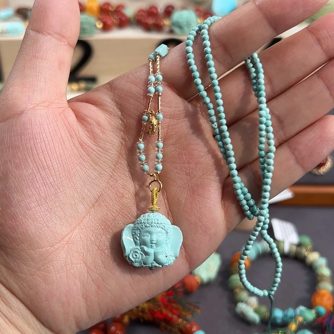 绿松石18K金镶嵌毛衣链天使嘟嘟嘴毛衣链