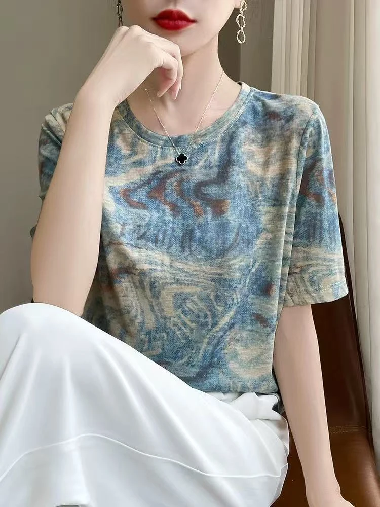 【扎染梵高-玉姐】女夏季短袖显瘦洋气时尚圆领设计感f1089 J09232