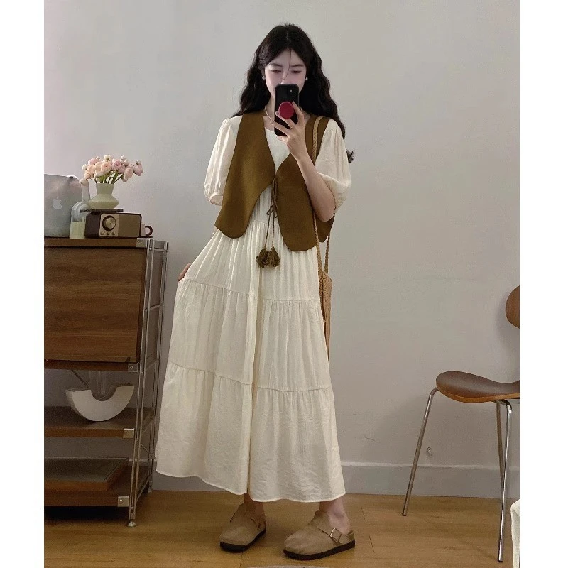 夏装搭配一整套大码微胖mm复古马甲短袖连衣裙韩系高级时尚套装女