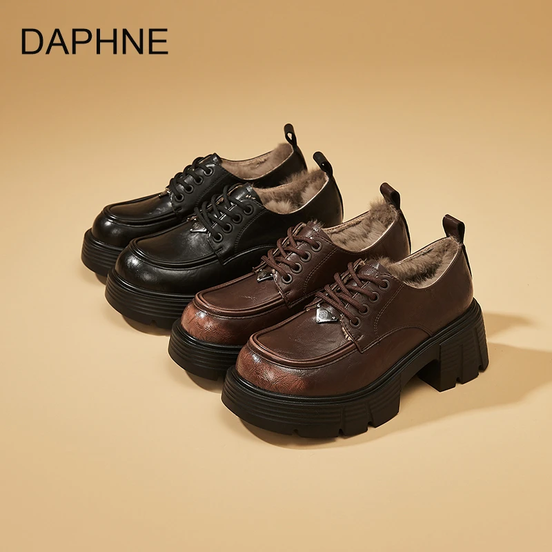 Daphne/达芙妮加绒乐福鞋2025秋冬新款女鞋英伦风复古软底皮鞋
