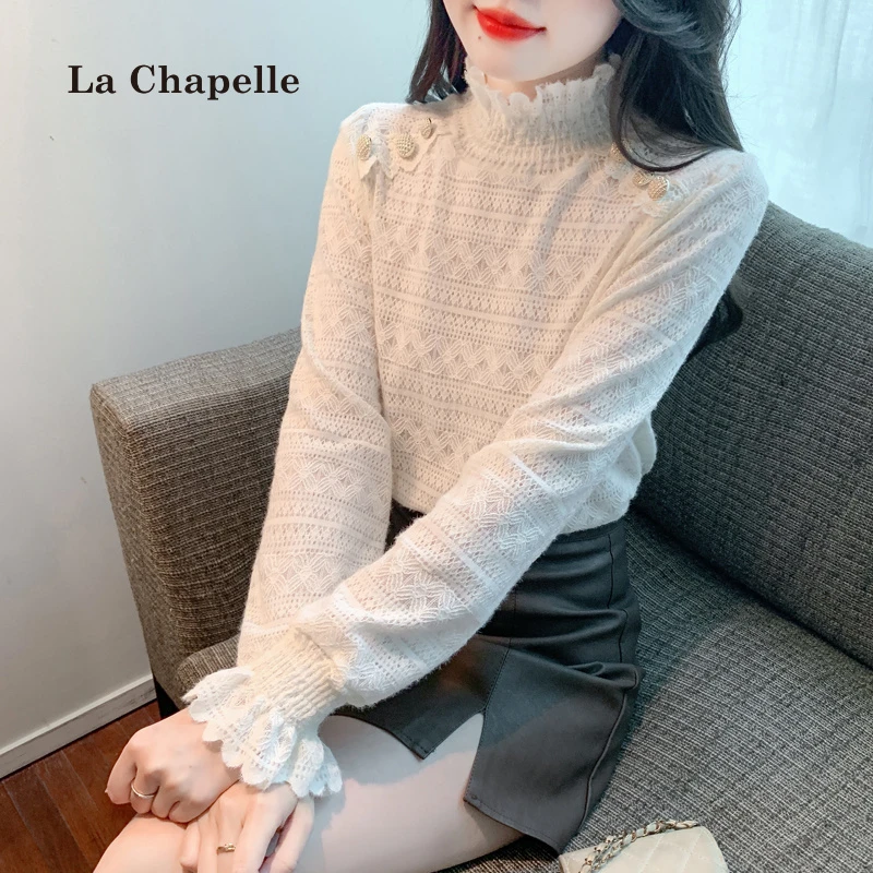 拉夏贝尔加绒加厚法式蕾丝衫女装半高领上衣秋冬季磨毛内搭打底衫