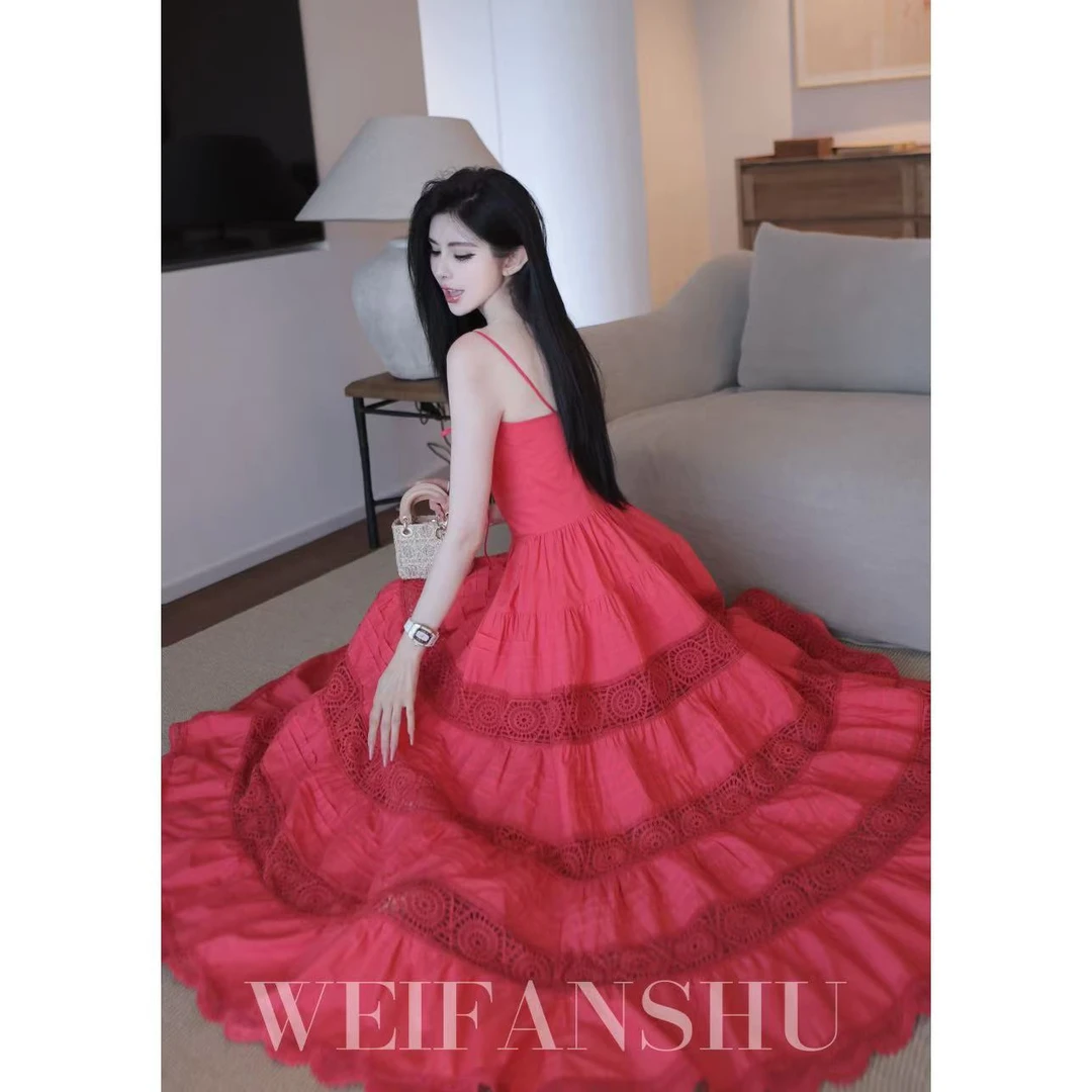 WEIFANSHU/魏凡舒【倾听岛语】春夏新款法式复古优雅红色吊带连衣裙