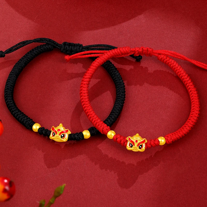 周金生黄金醒狮转运珠小狮子编绳手链足金999新年生日礼物送女友