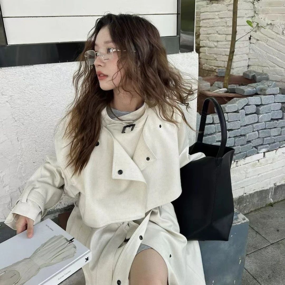 秋季高级感英伦风翻领中长款女士风衣外套