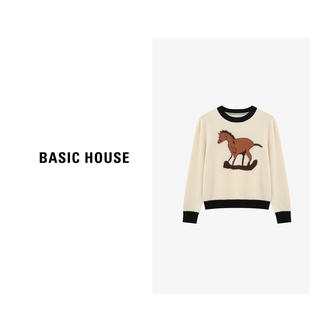Basic House/百家好长袖针织短款女士印花圆领羊毛衫-B0625B5LDS2