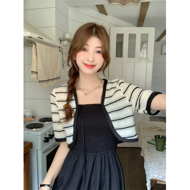 条纹复古短袖披肩夏季配裙子小坎肩外搭防晒针织开衫女薄款小上衣