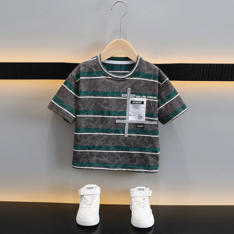 男童条纹印花订标T恤2025新款儿童夏季时髦韩版宝宝宽松百搭短袖