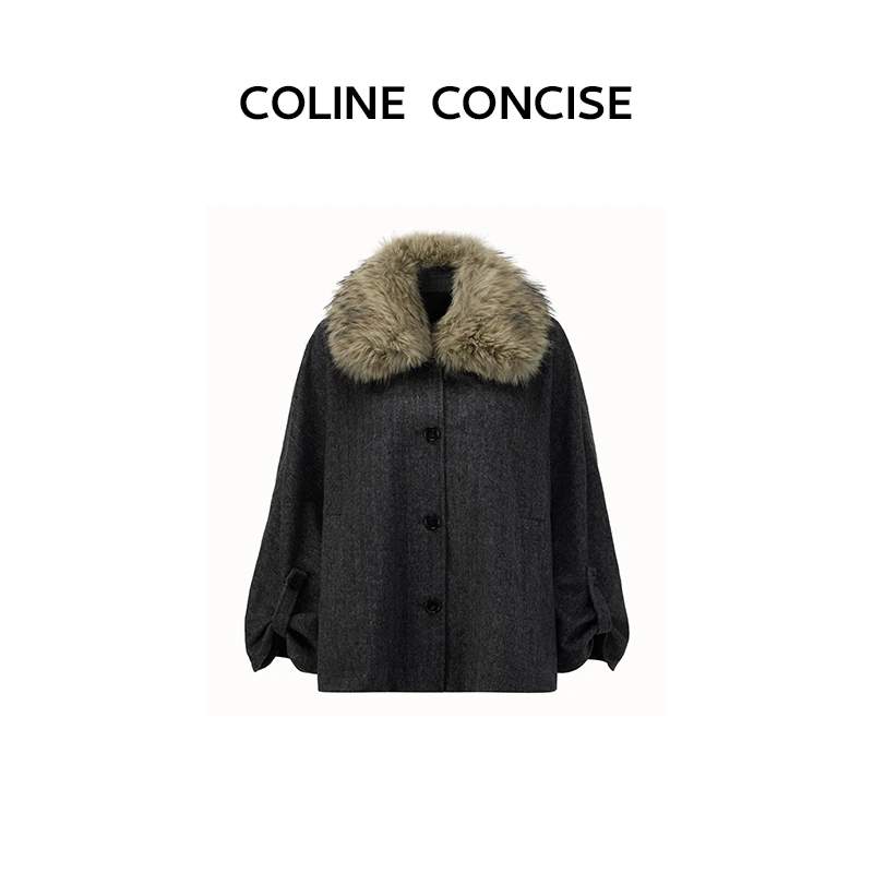COLINE CONCISE 灰色呢子大毛领披肩高级感保暖小众外套25FW