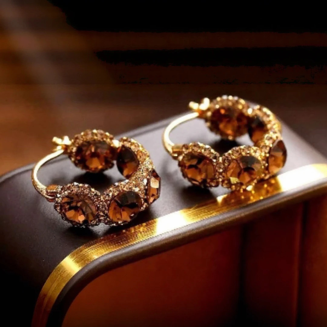 铜合金锆石耳饰 轻奢复古百搭香槟色锆石耳环气质设计感耳饰