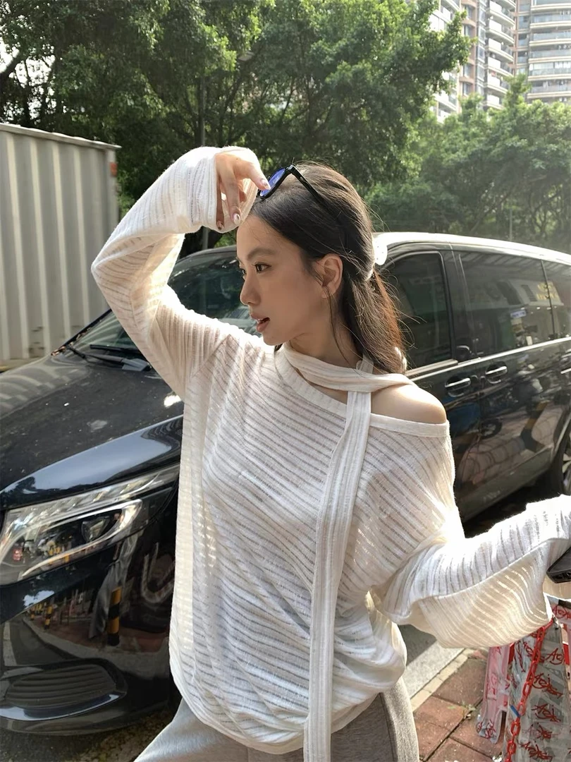 【卢昱晓同款】iSaluteU美式复古长袖T恤薄款镂空针织防晒罩衫#5091