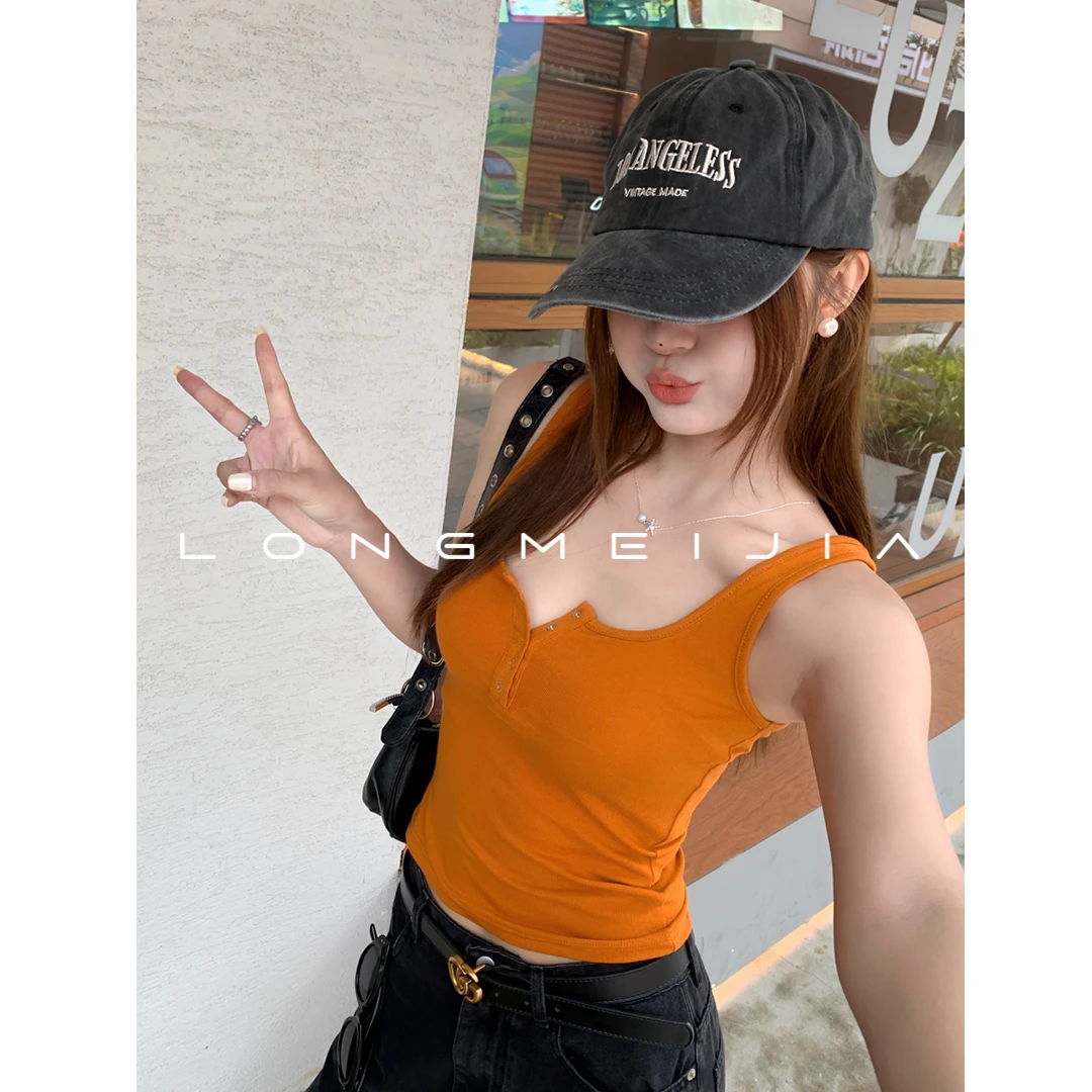 橘色美式酷辣小吊带背心女夏外穿内搭新款修身无袖绝美上衣