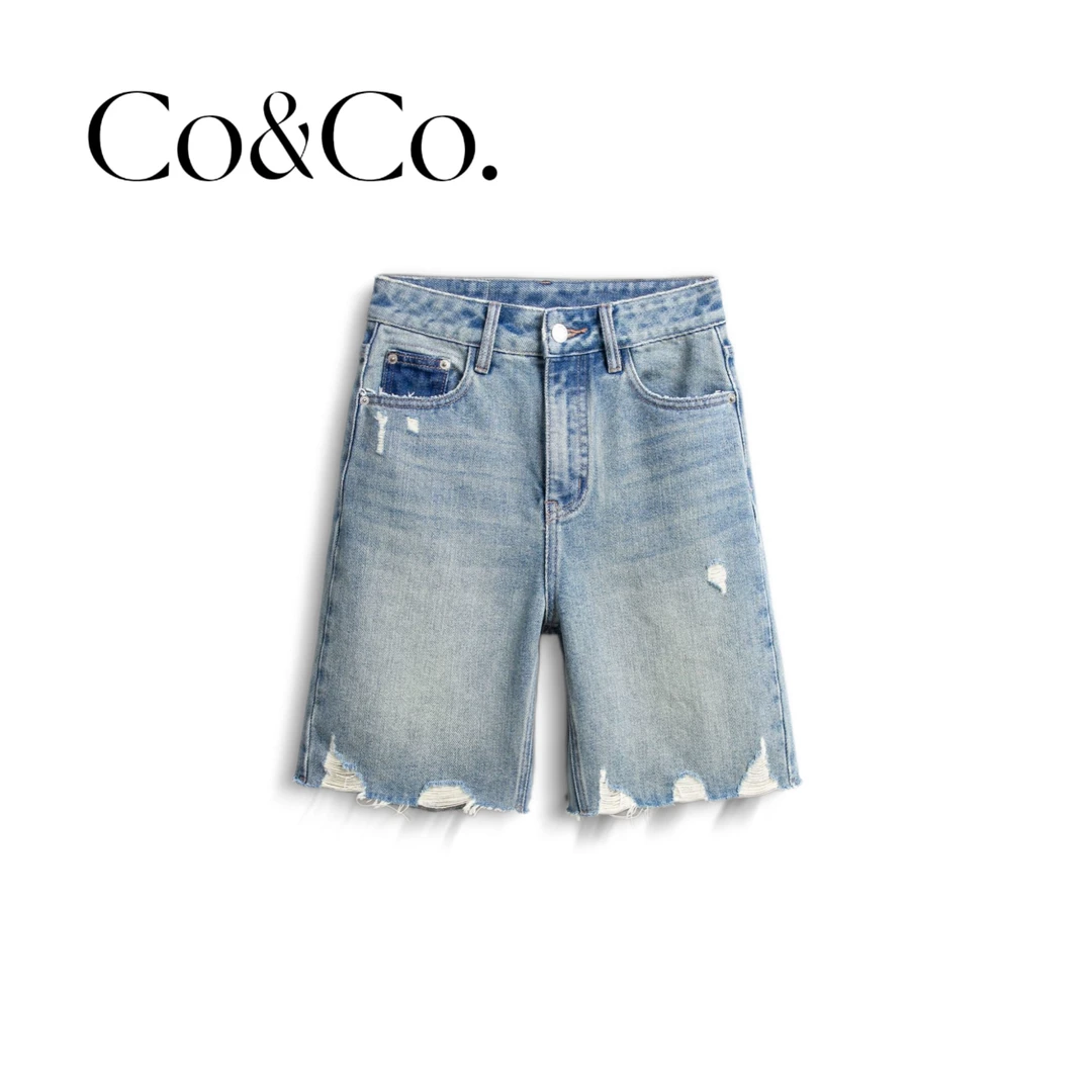 Co&Co.「世绝」夏季复古拼色水洗高腰百搭时尚毛边五分牛仔裤女1965