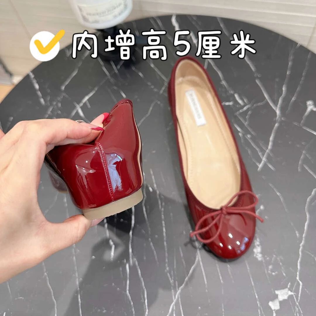 妈妈鞋夏季内增高女鞋复古蝴蝶结圆头浅口单鞋女软漆皮不累脚配阔