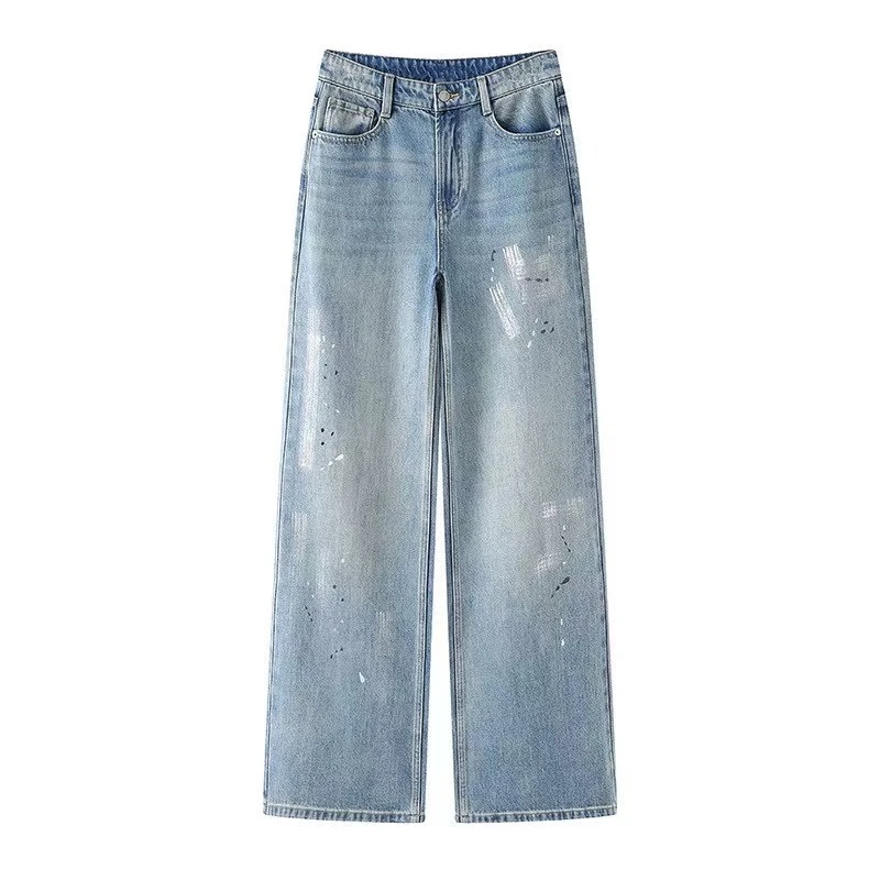 艾家商场同款女装2025时尚休闲百搭显瘦直筒涂鸦阔腿牛仔裤3238