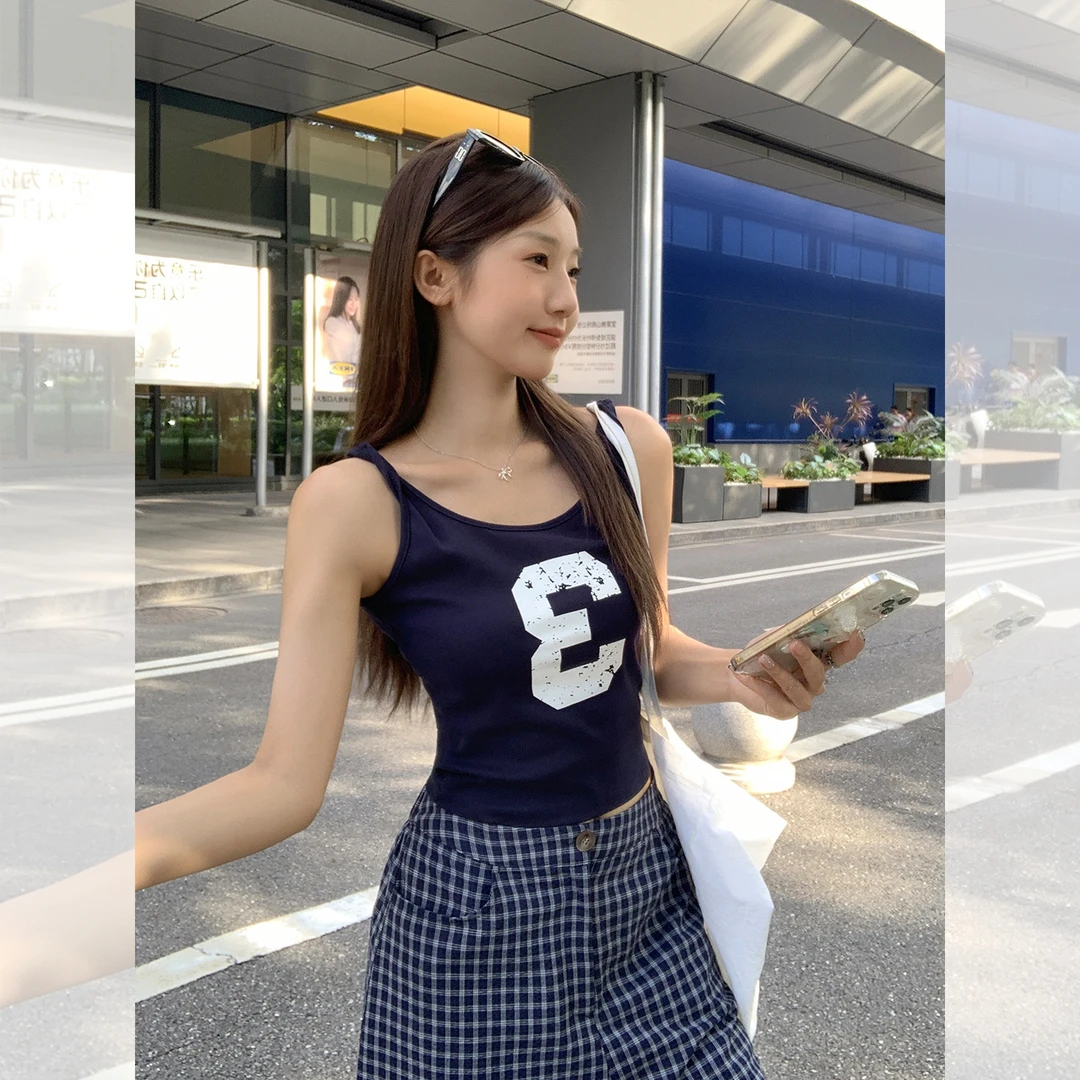 藏蓝色数字印花设计感吊带背心女2025年夏季新款修身显瘦无袖上衣