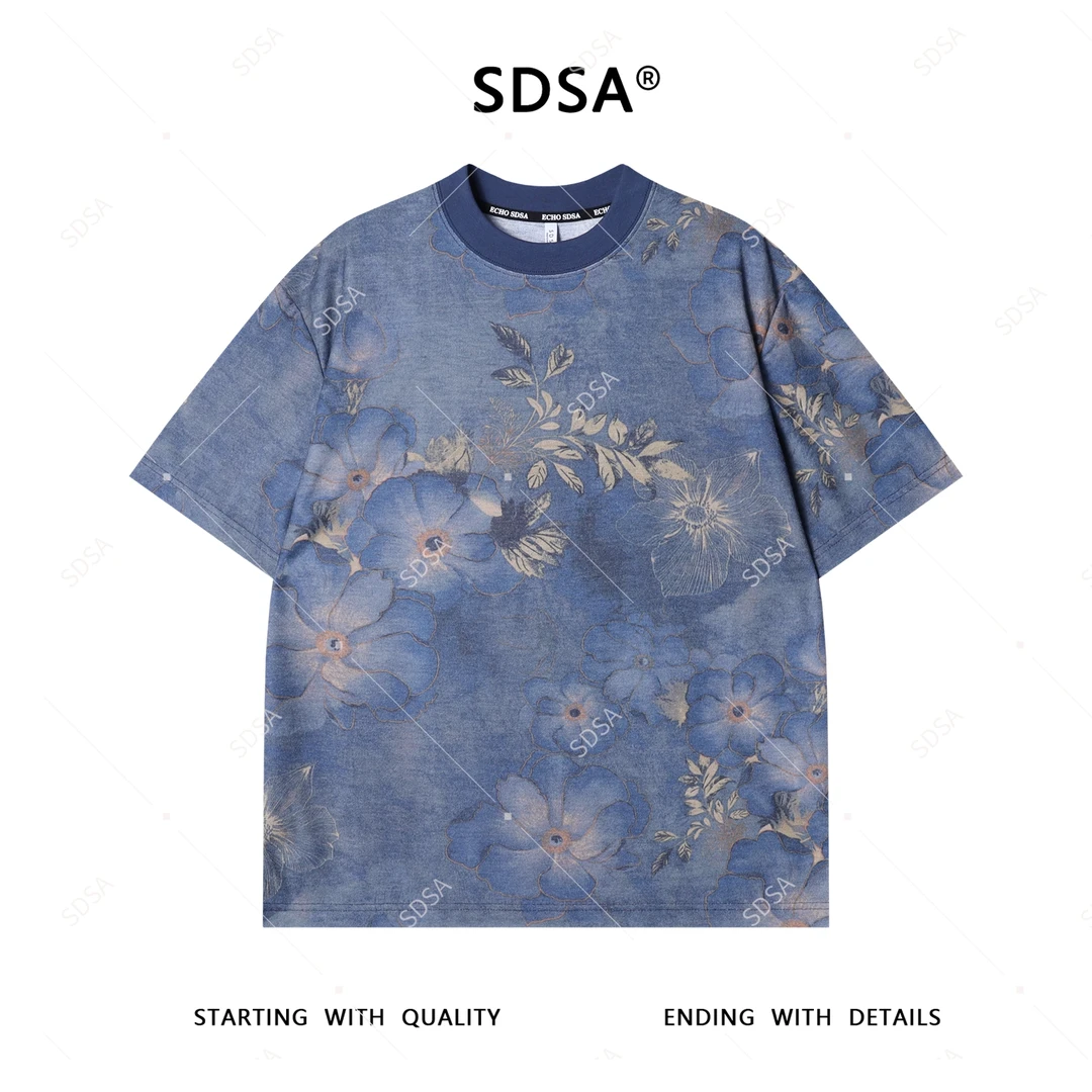 夏季高级感新款男士潮牌美式撞色花卉设计短袖T恤休闲复古上衣潮