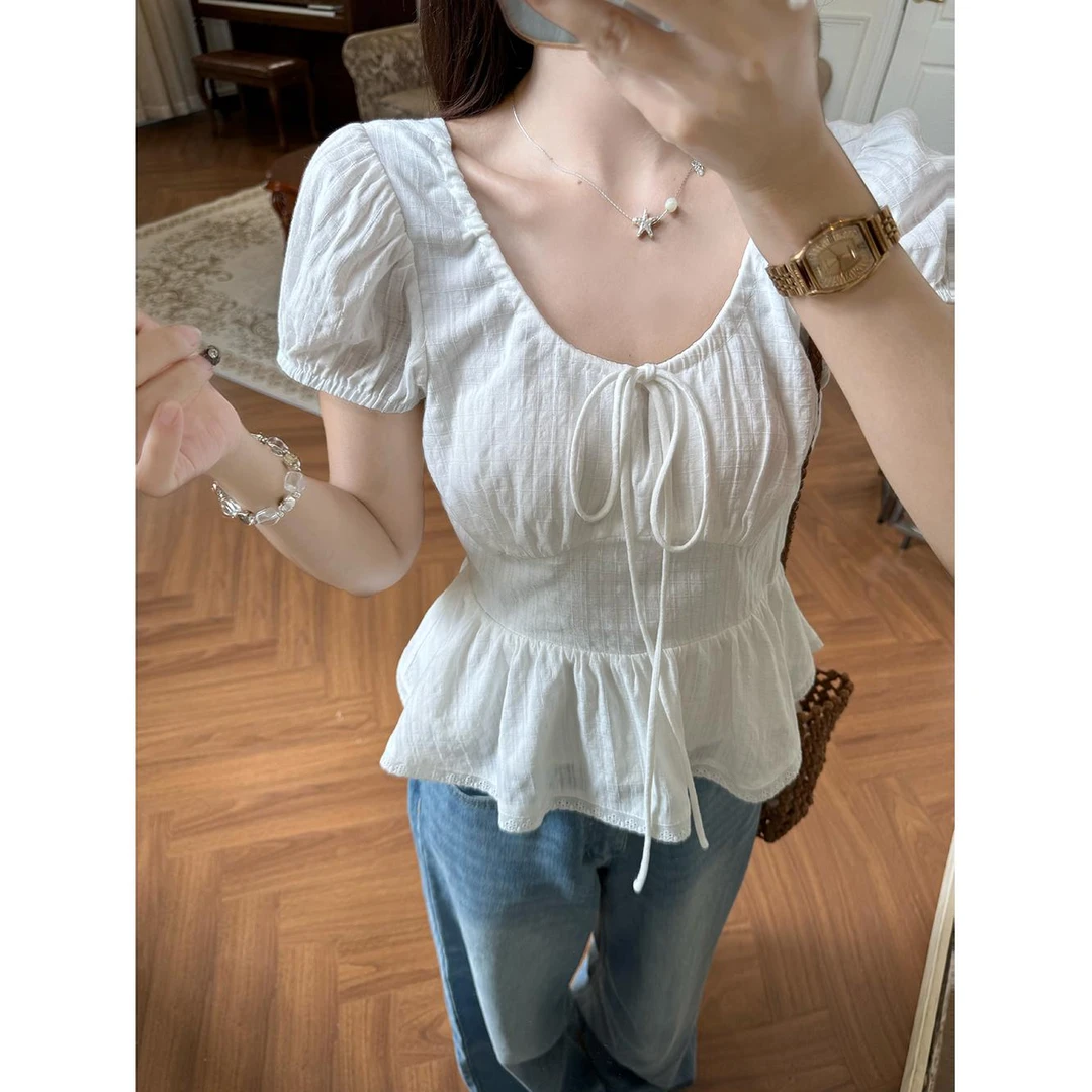 Not define纯欲韩系方领短袖衬衫女夏季芭蕾风修身显瘦泡泡袖上衣