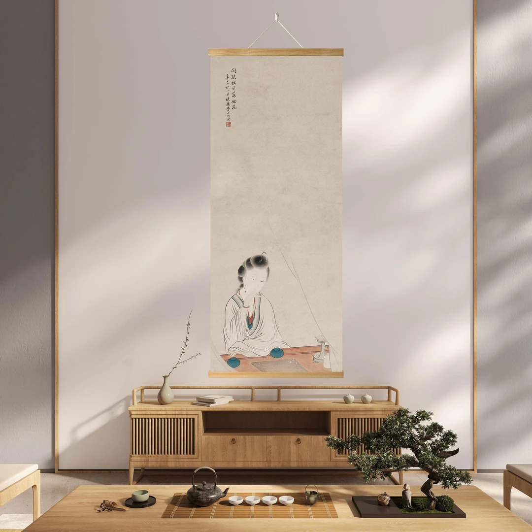 新中式国画仿古字画竖版书房客厅玄关办公室装饰画防潮布艺挂画