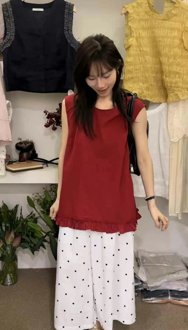 圆领宽松无袖木耳边下摆后背纽扣衬衫925