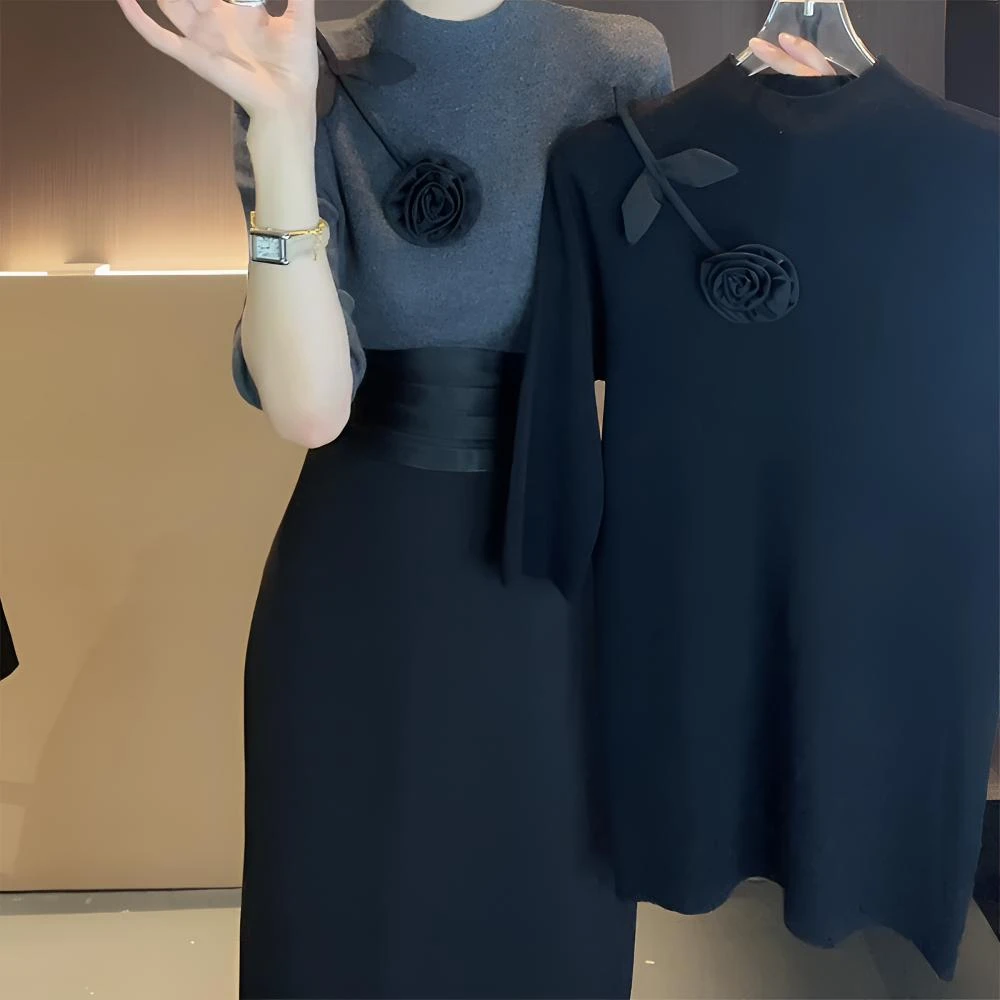 （秋冬款）设计师针织花朵常规款女毛针织衫打底上衣