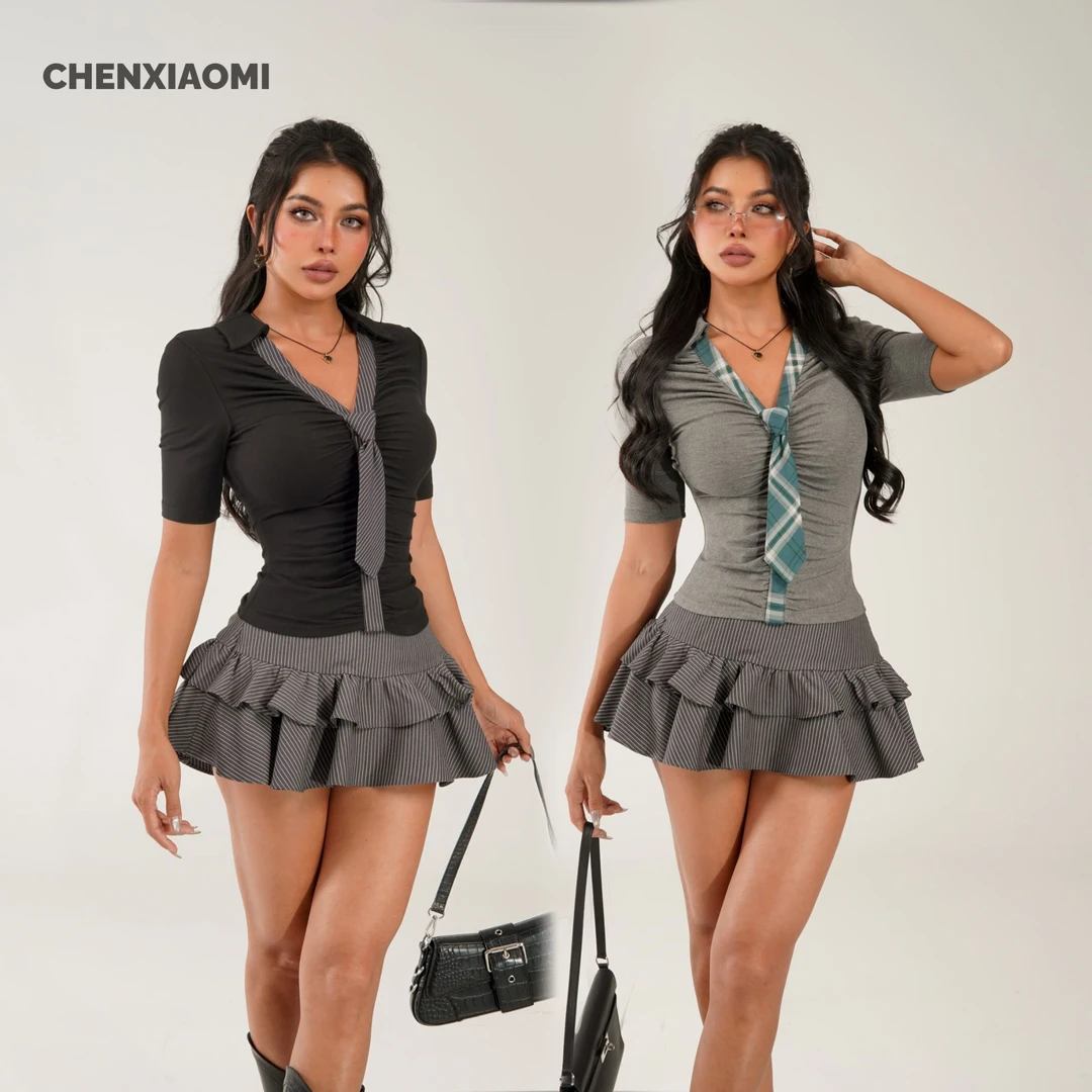 【蜜蜜家】闲织春光 欧美辣妹显瘦性感修身时尚领带上衣 25/Z553