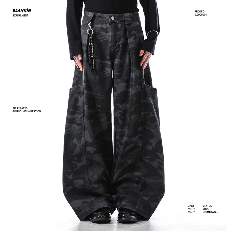 BLANKIN 美式复古水洗工装深蓝迷彩裤解构设计叠堆感男女休闲长裤