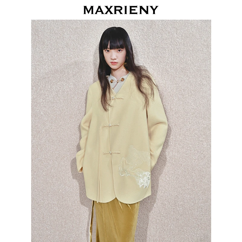 【商场同款新品-节庆新中式】MAXRIENY珠片绣花中式复古毛呢外套女