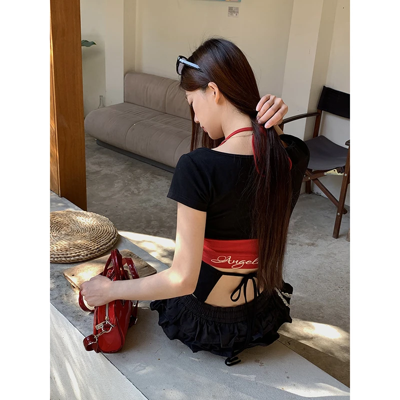 【茶话会T恤】春夏辣妹设计感撞色露背系带T恤251U0888-W#