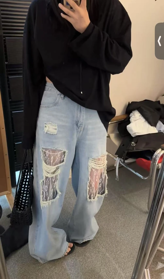 【清】NO退换-破洞蕾丝牛仔裤【30015】