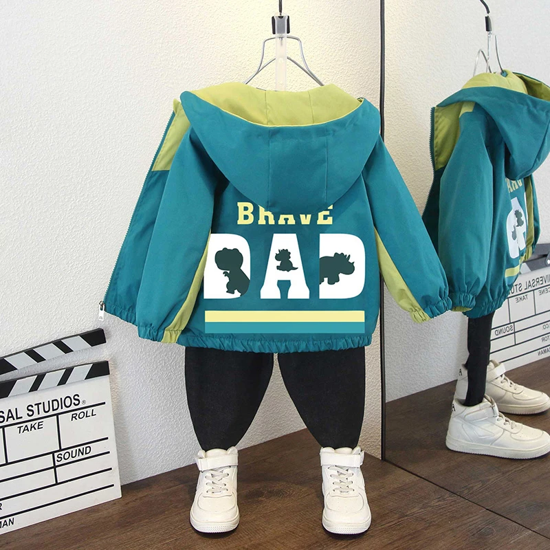 女童时尚拼色潮流字母印花秋季韩版松紧下摆夹克服男童连帽外套潮