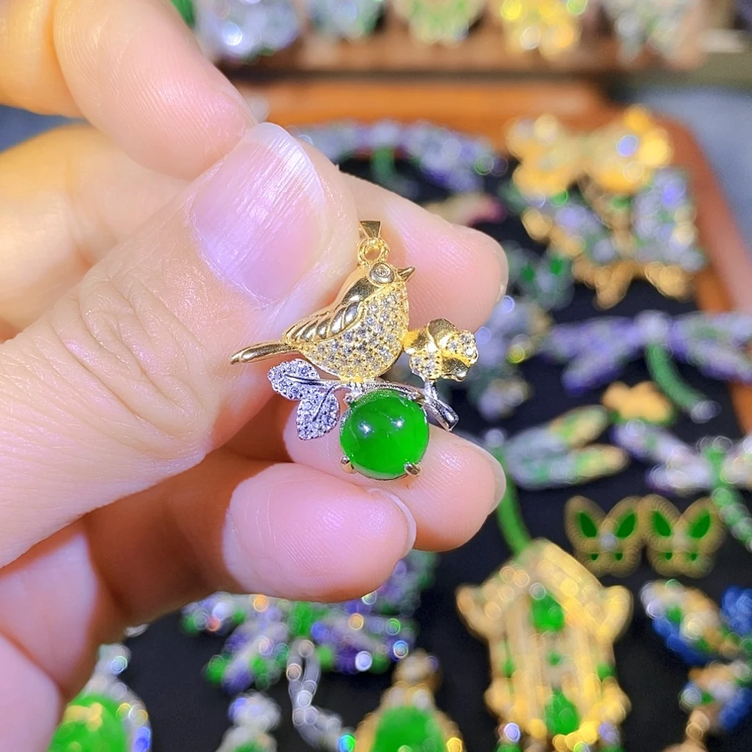 吊坠(不含链)银S925镶嵌翡翠