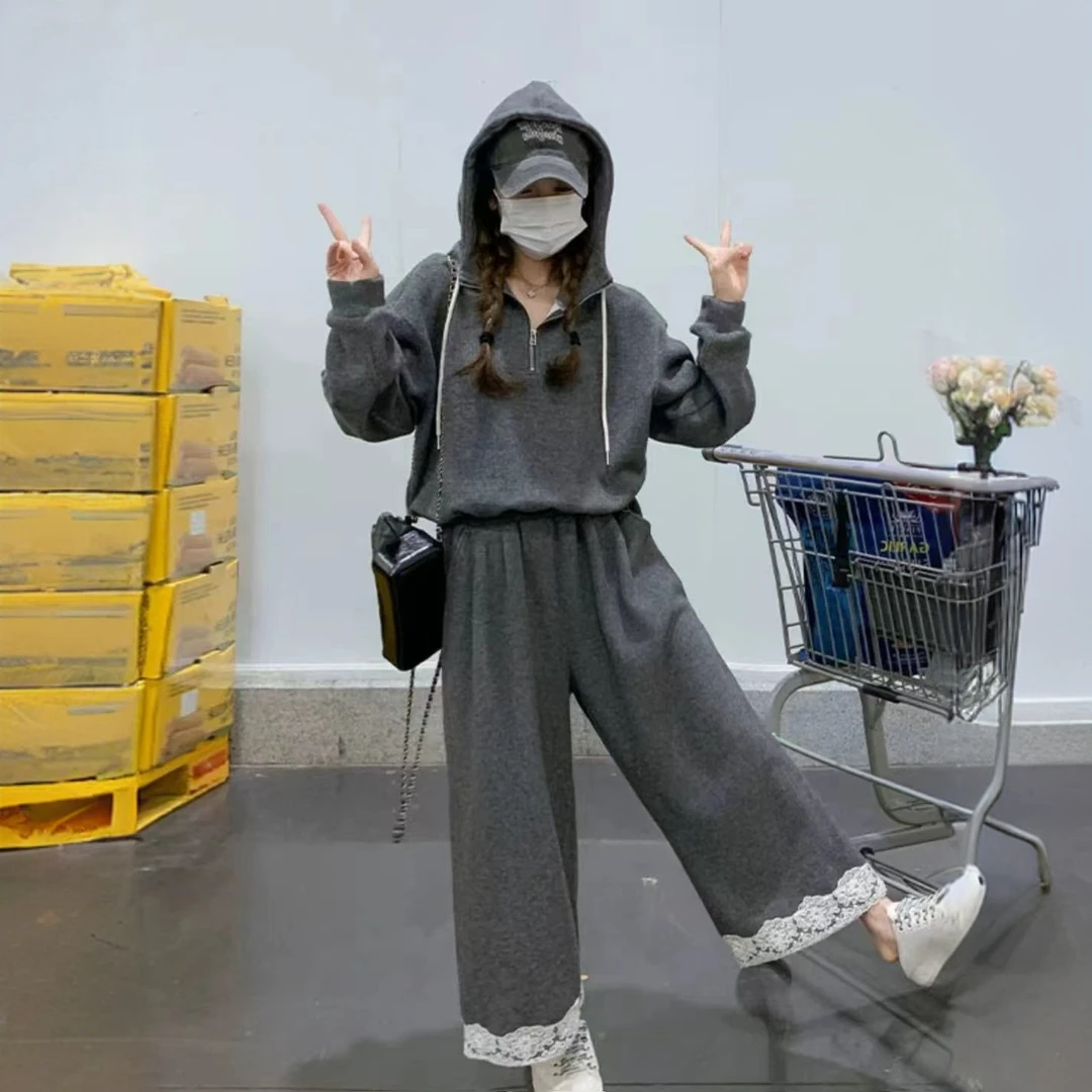 大码女装休闲连帽卫衣套装2025春新款慵懒风蕾丝花边阔腿裤两件套