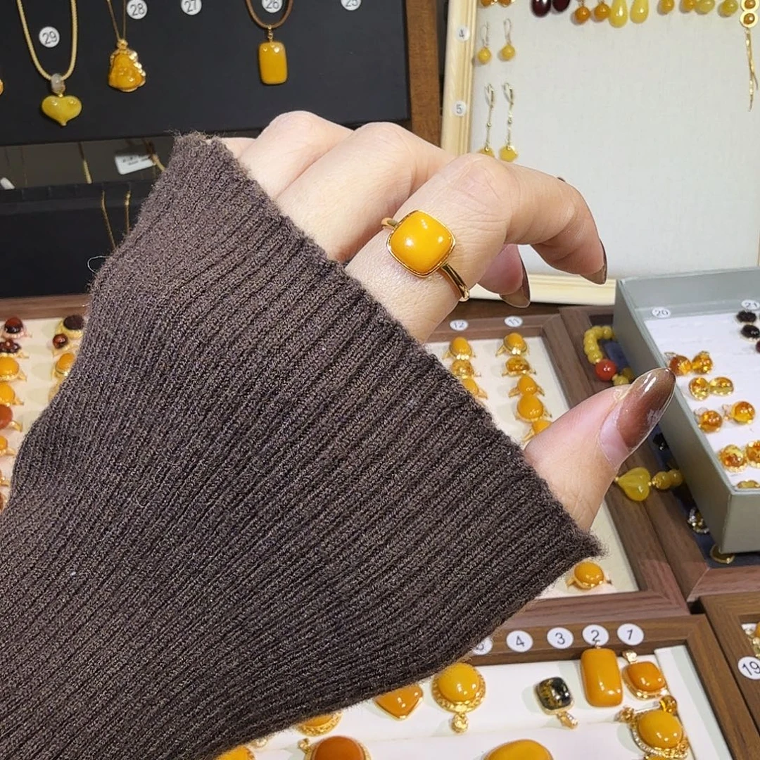 蜜蜡银S925镀金镶嵌戒指蜜蜡戒指