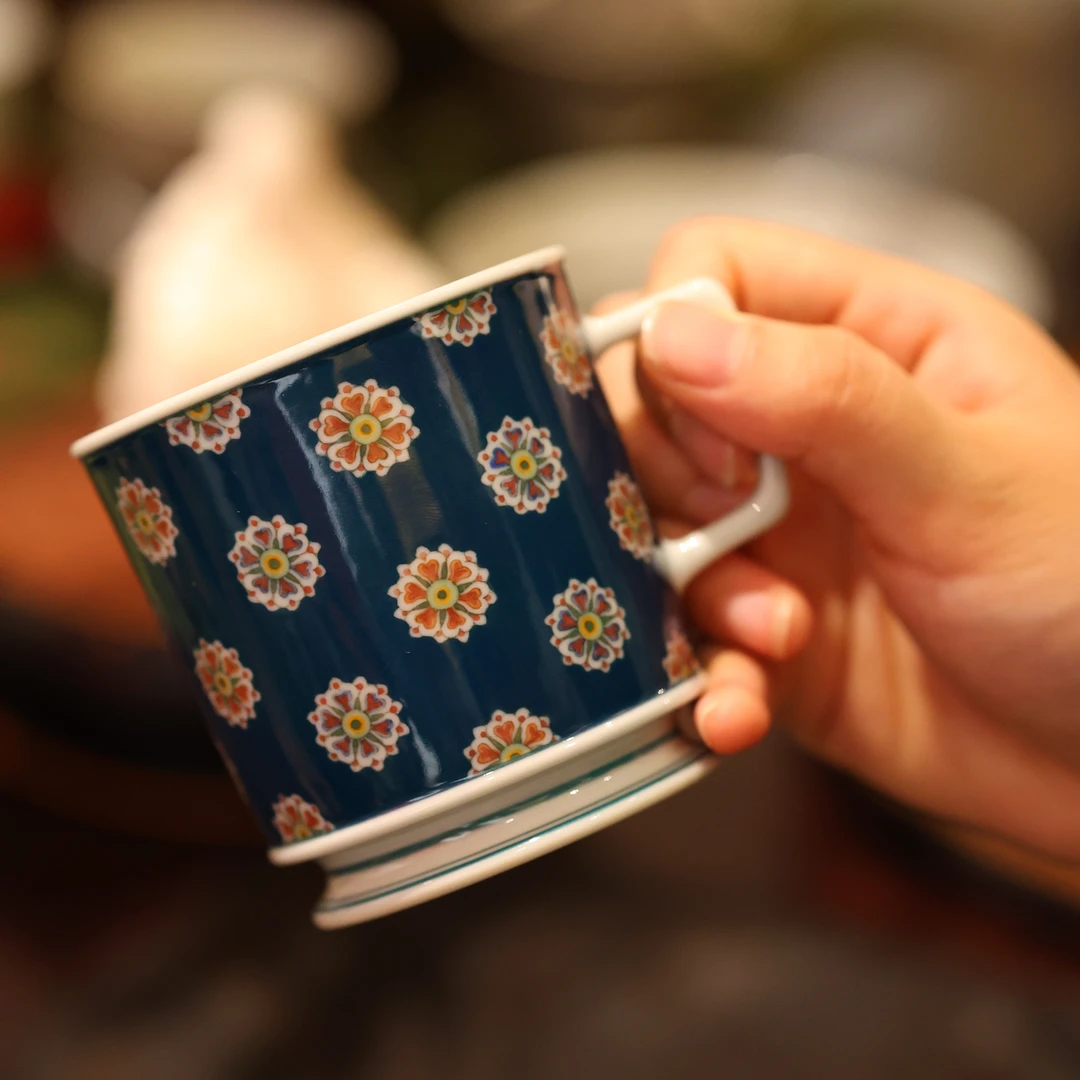 设色窑·蓝底宝相咖啡杯景德镇陶瓷纯手工手绘茶具茶器