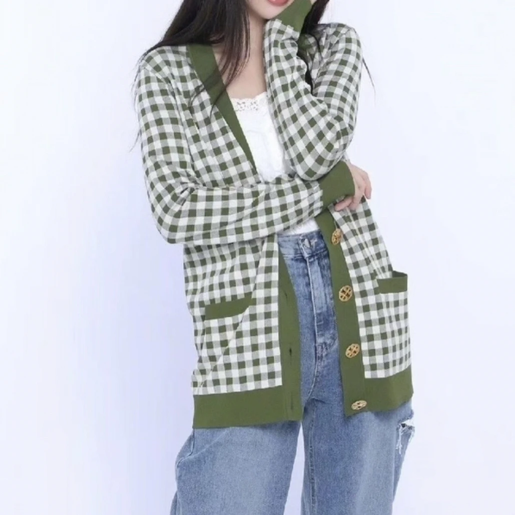 99新 TORY BURCH/汤丽柏琦 绿色格子宽松开衫/M码/A04182
