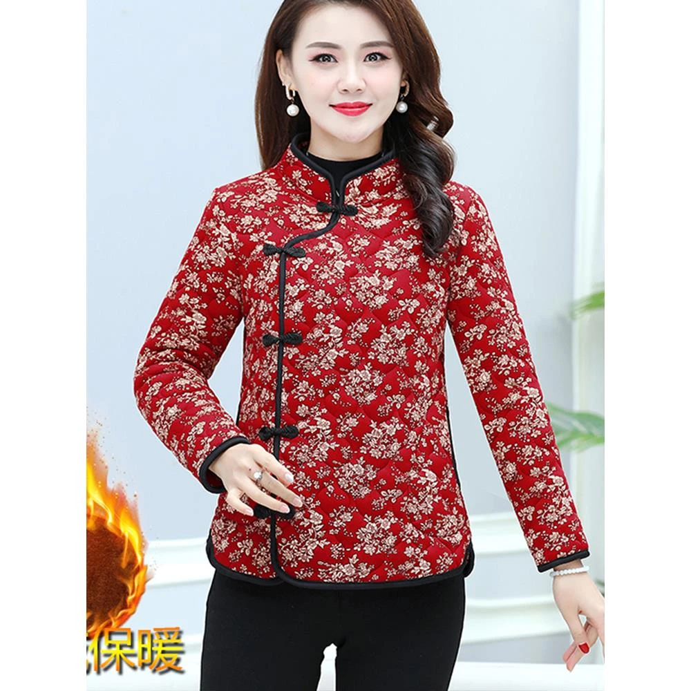 冬季中年妈妈装复古盘扣花棉袄G唐装立领新款女士加厚保暖棉衣
