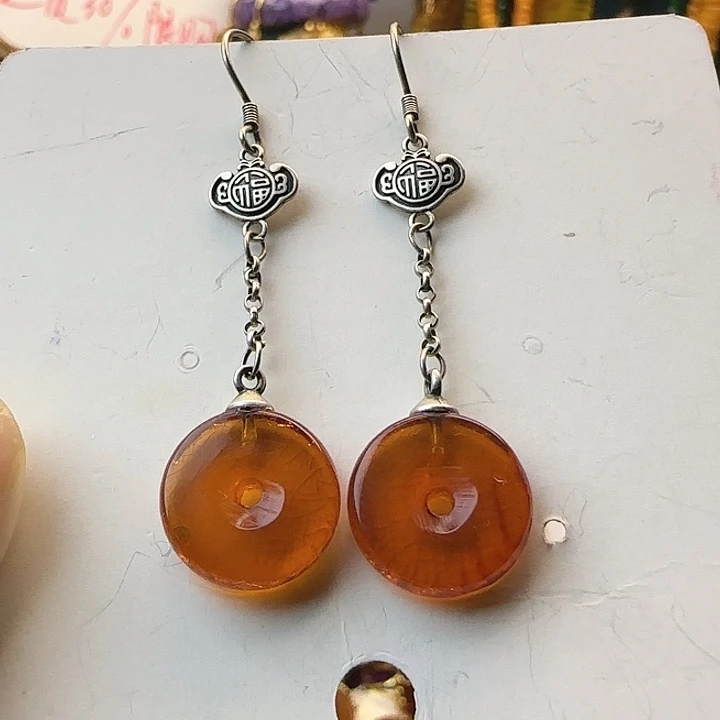 琥珀银S925镶嵌耳饰