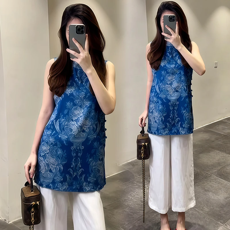 国风设计感时尚套装女2025年夏季新款无袖显瘦上衣阔腿长裤两件套