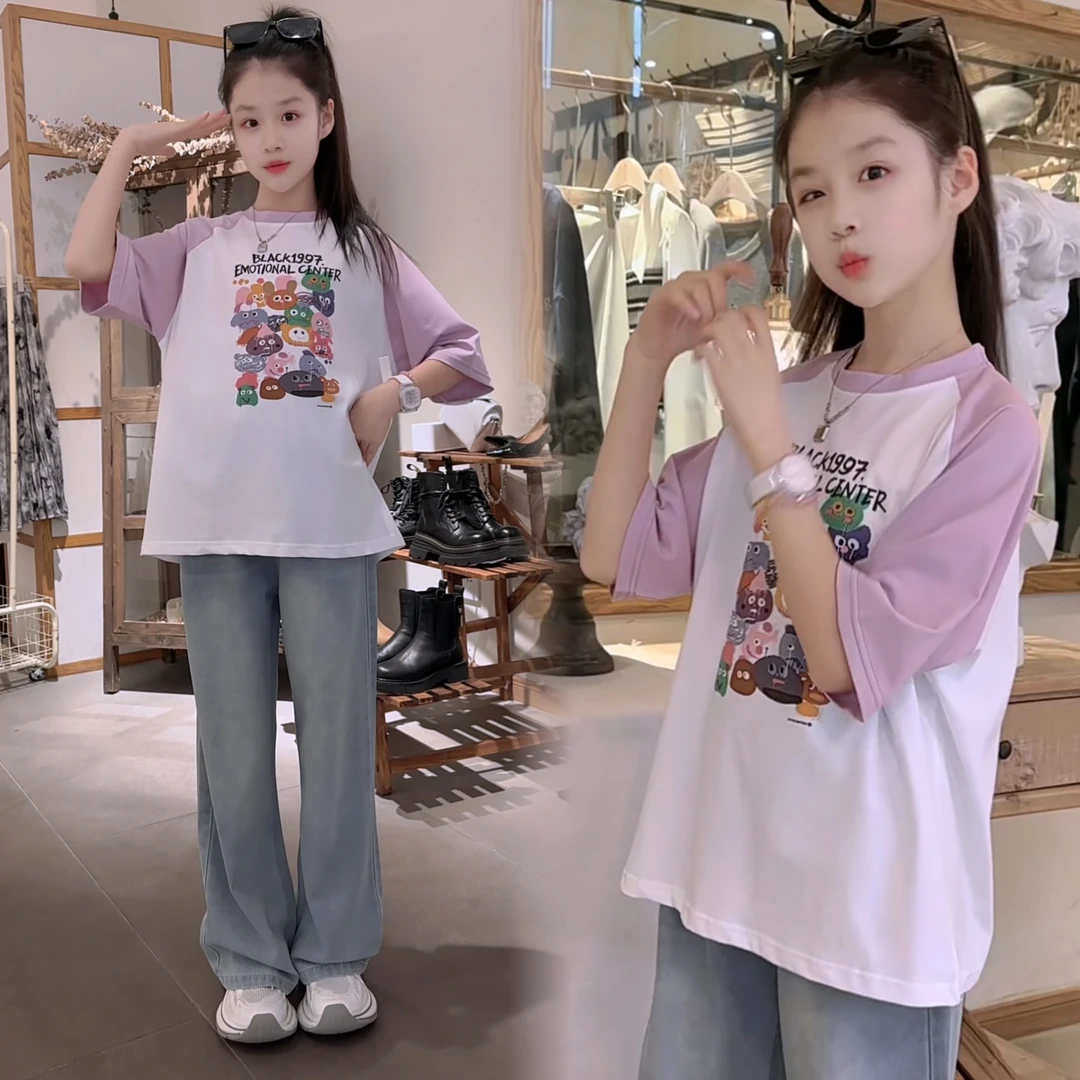 女童夏款2025中大童新款洋气时髦T恤儿童韩版时尚牛仔裤两件套