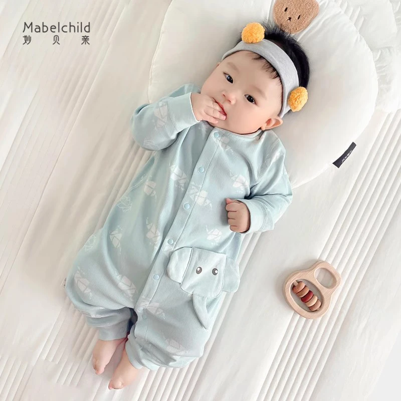 春秋小象提花婴儿长袖连体衣前开保暖贴身哈衣爬服可爱秋季睡衣