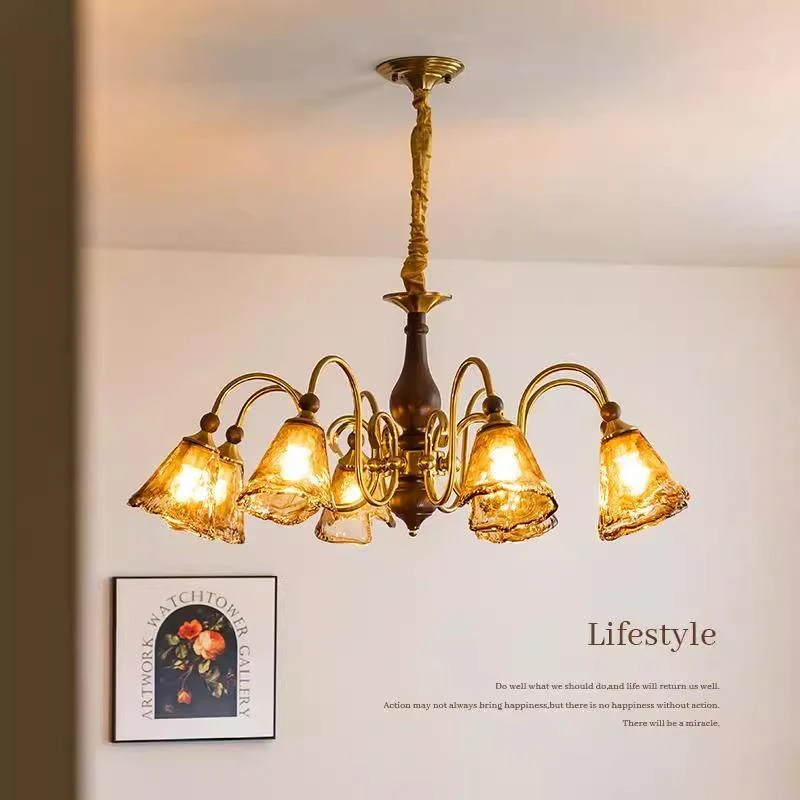 法式中古客厅吊灯珀光新款美拉德复古实木主卧室餐厅全光谱玻璃灯