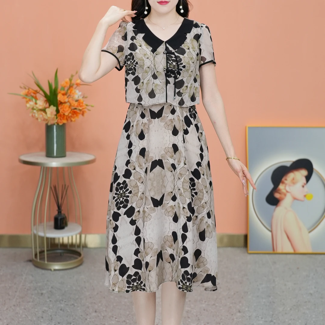 【SJYE3052】春夏季新款连衣裙中长款气质收腰印花修身女装连衣裙