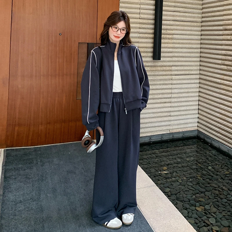 藏青色休闲运动卫衣套装女2025春季新款韩系慵懒宽松阔腿裤两件套
