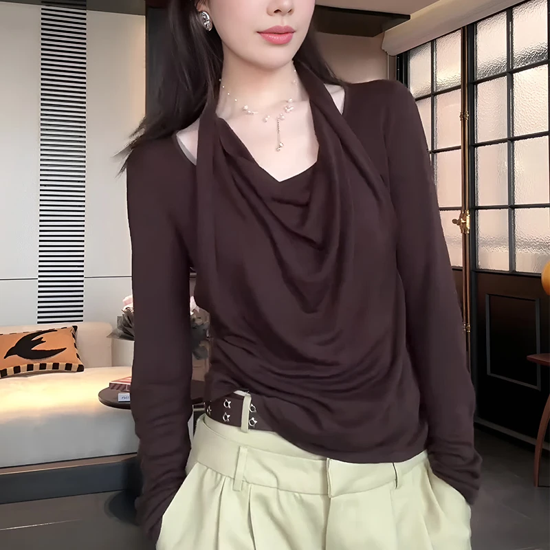 假两件挂脖荡领长袖T恤女2025秋季新款设计感修身显瘦超好看上衣