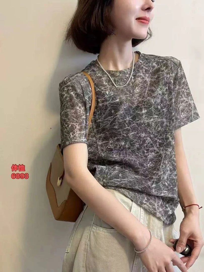 6893意凡抗起球常规款短袖印花圆领T恤夏季时尚气质休闲半袖