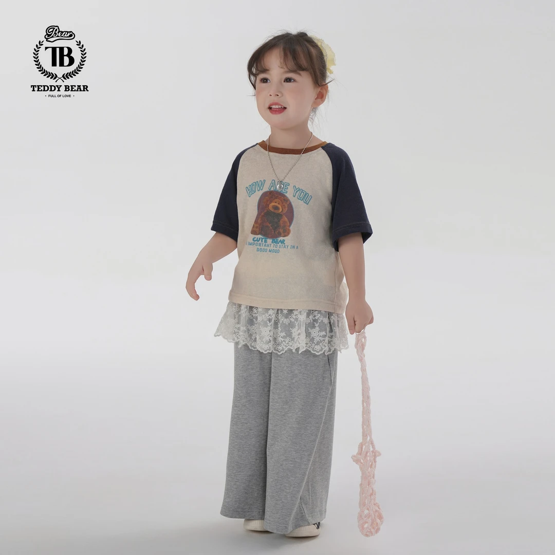 泰迪熊女童100棉T恤亲子款短袖儿童宽松复古TD56058