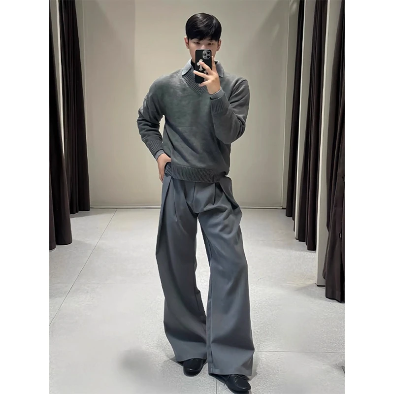 垂感工字褶A字西裤男秋季设计感直筒裤cleanfit宽松休闲拖地裤子