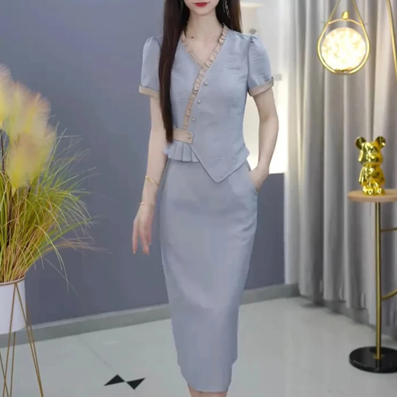 温柔两件套连衣裙2025夏季新款高级感花边V领收腰修身套装裙子女